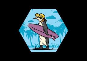 pingüino lindo que lleva una tabla de surf en la ilustración de la playa vector