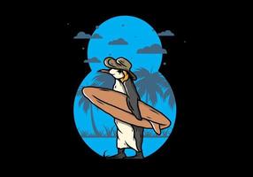 pingüino lindo que lleva una tabla de surf en la ilustración de la playa vector