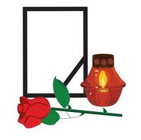 Funeral frame with a black ribbon, ra rose in front of it and a burning candle in a lamp. vector