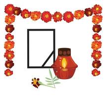 Funeral frame with a black ribbon, a burning candle in a lamp, a garland of calendula flowers, a symbol of the Mexican holiday Day of the Dead. vector