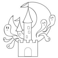 Castle with towers and flags against the background of the moon, many ghosts fly out of the castle. Doodle style. Vector stock illustration isolated on white background.