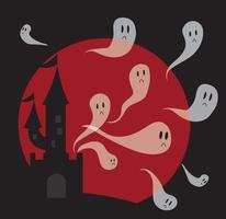 Castle with towers and flags against the background of the moon, many ghosts fly out of the castle. Cartoon style. Vector stock illustration isolated on white background.