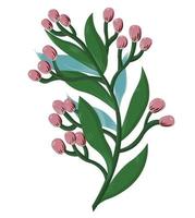 Twig with pink flowers, green and blue leaves for the holiday, wedding, birthday. Vector stock illustration isolated on orange background.
