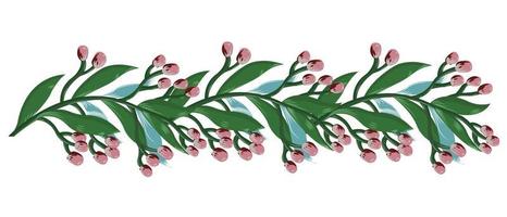 Twig with pink flowers, green and blue leaves for the holiday, wedding, birthday. Horizontal element for design. Vector stock illustration isolated on white background.