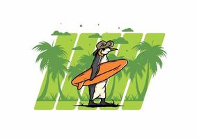 Cute penguin carrying a surfboard on the beach illustration vector
