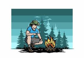 A man is lighting a bonfire illustration