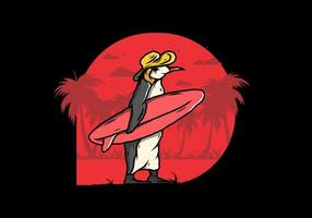 Cute penguin carrying a surfboard on the beach illustration vector