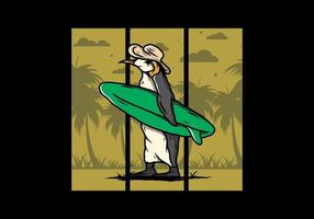 Cute penguin carrying a surfboard on the beach illustration vector