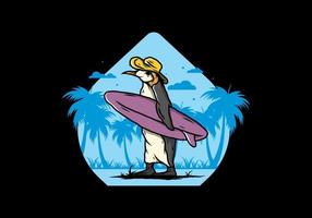 pingüino lindo que lleva una tabla de surf en la ilustración de la playa vector