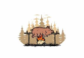 asado de cerdo en el fuego, diseño de ilustraciones vector