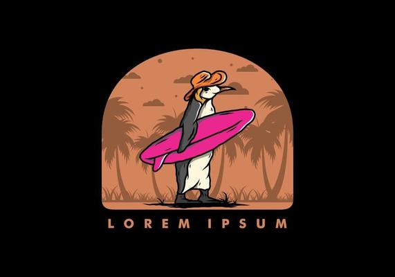 Cute penguin carrying a surfboard on the beach illustration