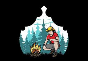 A man is lighting a bonfire illustration vector