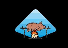 asado de cerdo en el fuego, diseño de ilustraciones vector