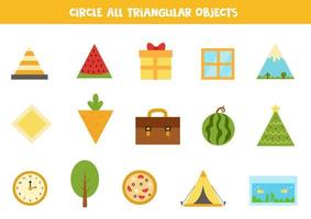 encontrar todos los objetos triangulares. hoja de trabajo educativa para niños. vector