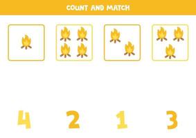 Counting game for kids. Count all campfires and match with numbers. Worksheet for children. vector