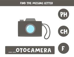 Find missing letter with cartoon photo camera. Spelling worksheet. vector