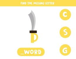 Find missing letter with cartoon sword. Spelling worksheet. vector