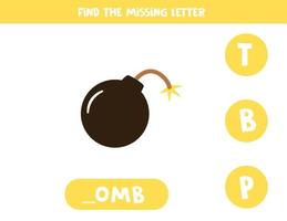 Find missing letter with cartoon bomb. Spelling worksheet. vector