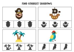 Find correct shadow of pirate elements. Printable clip card games for children. vector