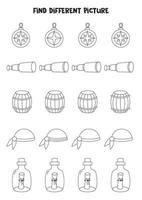 Find picture which is different from others. Black and white worksheet for kids. vector