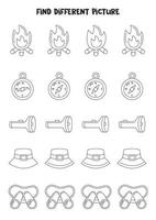 Find camping element which is different from others. Black and white worksheet for kids. vector