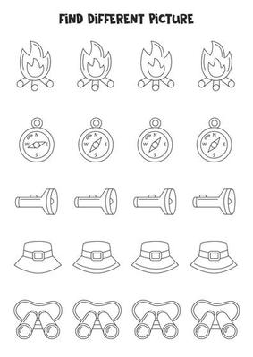 Find camping element which is different from others. Black and white worksheet for kids.