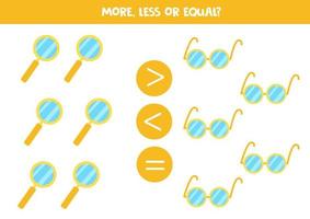 More, less, equal with glasses and magnifiers. vector