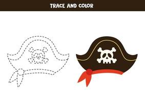 Trace and color cartoon pirate hat. Worksheet for children. vector