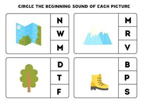 Worksheet for kids. Find the beginning sound of camping elements. vector
