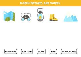 Matching game. Match camping elements with words. vector