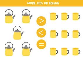 More, less, equal with kettles and mugs. vector