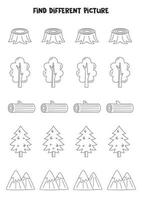 Find picture which is different from others. Black and white worksheet for kids. vector