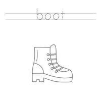 Trace the letters and color hiking boot. Handwriting practice for kids. vector