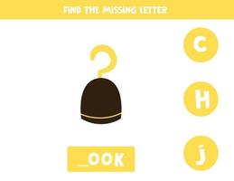 Find missing letter with cartoon hook. Spelling worksheet. vector