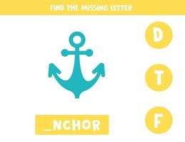 Find missing letter with cartoon anchor. Spelling worksheet. vector