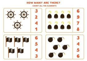 Counting game with cartoon pirate elements. Educational worksheet. vector