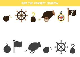 encuentra las sombras correctas de los elementos piratas. rompecabezas lógico para niños. vector