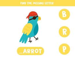 Find missing letter with cute pirate parrot. Spelling worksheet. vector