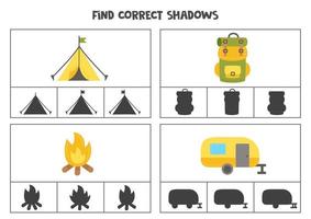 Find correct shadow of camping elements. Printable clip card games for children. vector