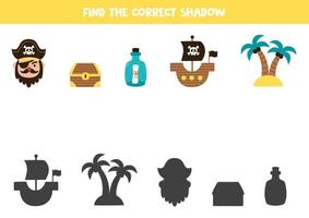 Find the correct shadows of pirate elements. Logical puzzle for kids. vector