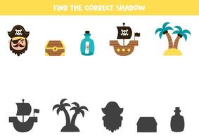 Find the correct shadows of pirate elements. Logical puzzle for kids. vector