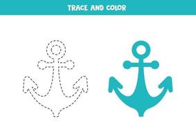 Trace and color cartoon anchor. Worksheet for children. vector