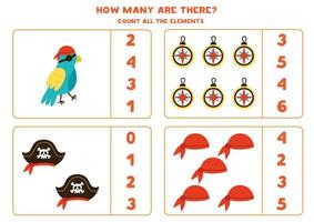 Counting game with cartoon pirate elements. Educational worksheet. vector