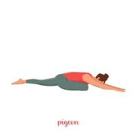 Woman doing Pigeon Pose or Eka Pada Rajakapotasana Yoga pose. Flat vector illustration isolated on white background