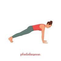 mujer haciendo ejercicio de pose de tabla o phalakasana. ilustración vectorial plana aislada sobre fondo blanco vector