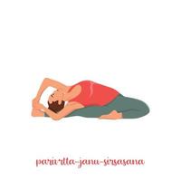 mujer haciendo pose girada de cabeza a rodilla. parivrtta janu sirsasana. ilustración vectorial plana aislada sobre fondo blanco vector