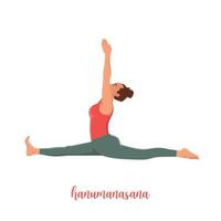 Woman doing yoga pose,Monkey Pose is an asana in hatha yoga, hanumanasana pose. Flat vector illustration isolated on white background