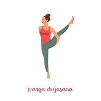 mujer practicando yoga svarga dvijasana, o ave del paraíso.calma profesional y mujer relajada. ilustración vectorial plana aislada sobre fondo blanco vector