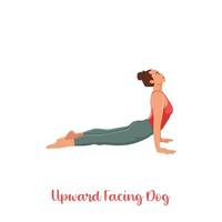 mujer practicando urdhva mukha svanasana ejercicio ilustración vectorial plana. practica de yoga chica haciendo pose de perro boca arriba. ilustración vectorial plana aislada sobre fondo blanco