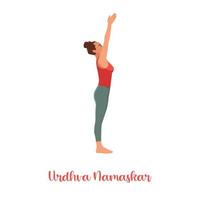 Woman performing Urdhva Hastasana, Upward Hand Yoga Pose, asana from Surya Namaskar sequence, Sun Salutation complex. Flat vector illustration isolated on white background